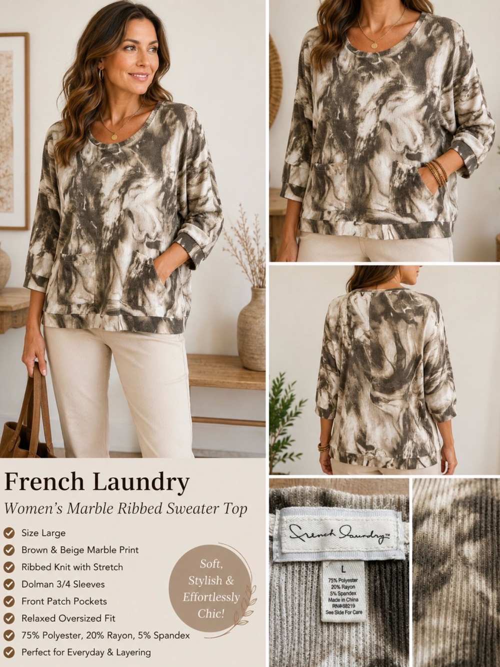 French Laundry Womens L Brown Beige Marble Ribbed Dolman Sleeve Sweater Top